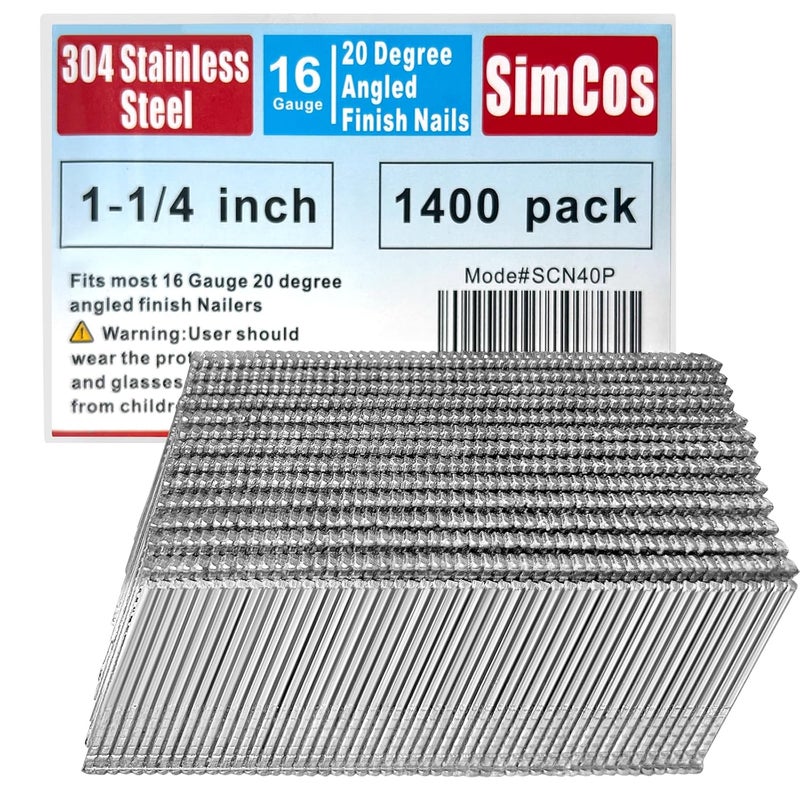 SimCos 16 Gauge 304 Stainless Steel Angled Finish Nails – 1-1/4” to 2-1/2 Inch, 20-Degree | Compatible with Pneumatic/Electric Angled Finish Nailers & Nail Guns (1-1/4"-1400 pcs) - Image 1